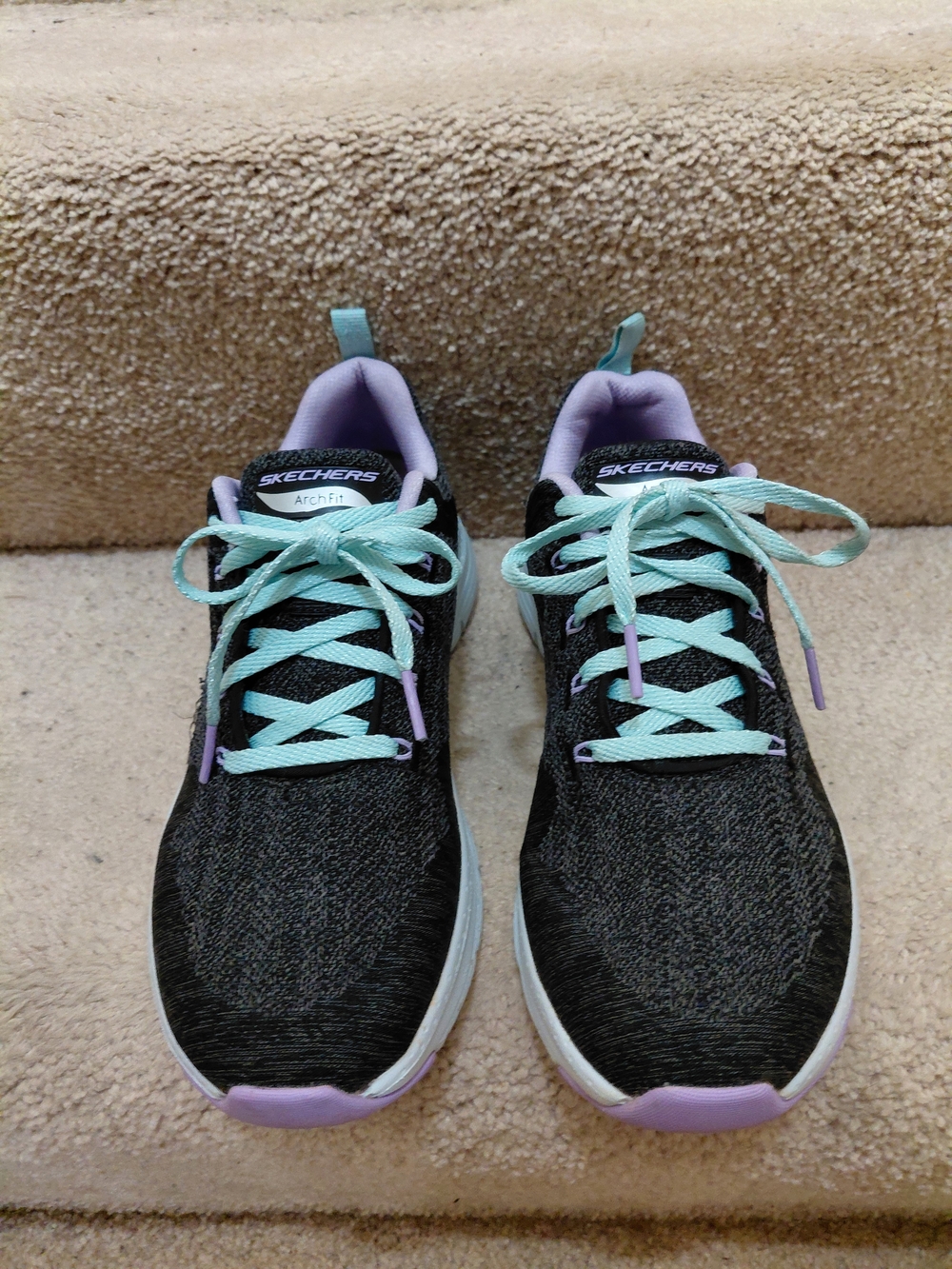 Skechers Women’s Black Athletic Sneakers with Mint Laces and Lavender Accents - Picture 2 of 6